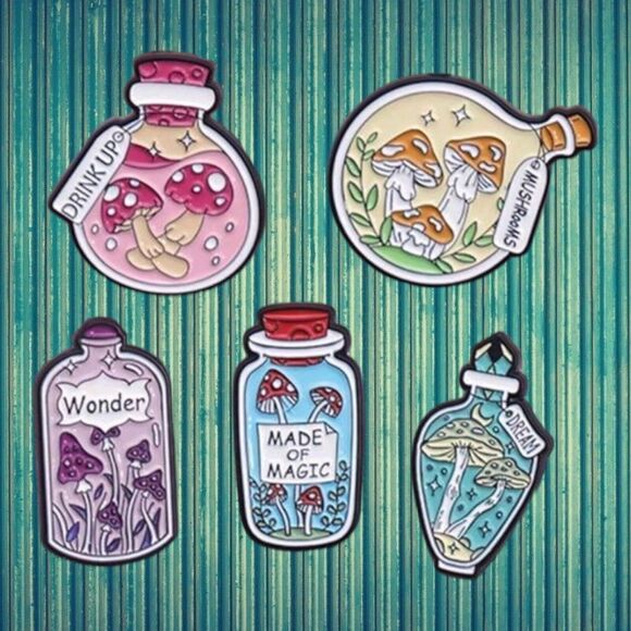 Mushroom Potion Bottles Pin Set 5 Enamel Brooch Bundle Magic Spell Fairycore Lot - Picture 6 of 6
